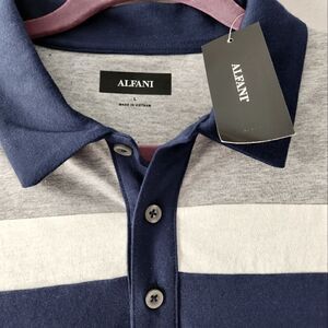 MEN'S  ALFANI   SHIRT WITH COLLAR GRAY WITH WHITE/ BLUE STRIPED  SIZE L